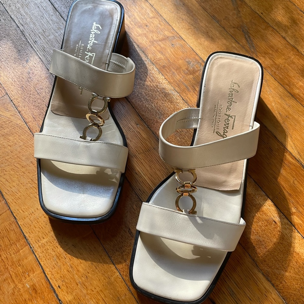 Salvatore Ferragamo Cream Leather Double-Strap Slide Sandals with Gold Hardware
